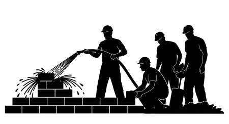 Black Solid Masons Wetting Bricks Silhouettes Set of Six on White Background isolated on plain white background.のイラスト素材