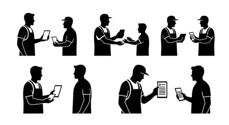 Black Solid Plumber Billing Customer Tablet Silhouettes Set of Six on White Background isolated on plain white background.のイラスト素材