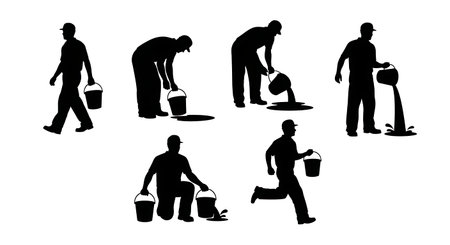 Black Solid Plumber Carrying Bucket Water Silhouettes Set of Six on White Background isolated on plain white background.のイラスト素材