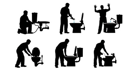 Black Solid Plumber Installing Bidet Silhouettes Set of Six on White Background isolated on plain white background.のイラスト素材