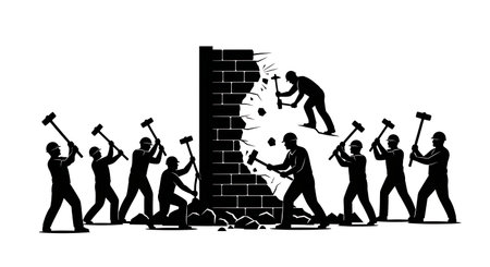 Black Solid Masons Demolishing Wall Silhouettes Set of Six on White Background isolated on plain...