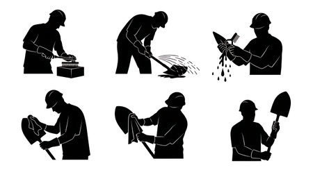 Black Solid Masons Cleaning Tools Silhouettes Set of Six on White Background isolated on plain white background.のイラスト素材