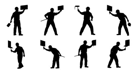 Black Solid Masons Rendering Exterior Silhouettes Set of Six on White Background isolated on plain white background.のイラスト素材