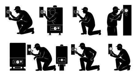 Black Solid Plumber Boiler Control Adjust Silhouettes Set of Six on White Background isolated on plain white background.のイラスト素材