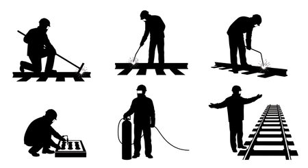 Black Solid Railway Track Welder Silhouettes Set of Six on White Background isolated on plain white background.のイラスト素材