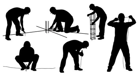 Black Solid Masons Tying Rebar Silhouettes Set of Six on White Background isolated on plain white background.のイラスト素材