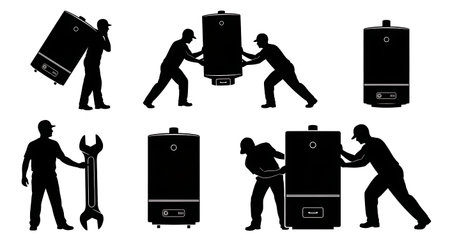Black Solid Plumber Installing Heater and Boiler Silhouettes Set of Six on White Background isolated on plain white background.のイラスト素材