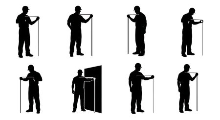 Black Solid Plumber Measuring Tape Layout Silhouettes Set of Six on White Background isolated on plain white background.のイラスト素材