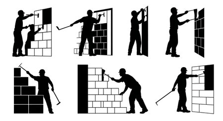 Black Solid Masons Rendering Exterior Silhouettes Set of Six on White Background isolated on plain white background.のイラスト素材