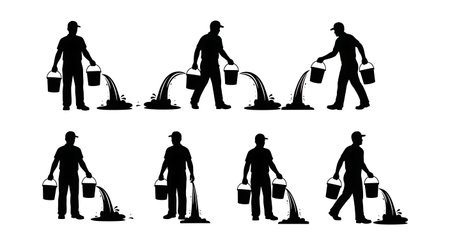Black Solid Plumber Carrying Bucket Water Silhouettes Set of Six on White Background isolated on plain white background.のイラスト素材