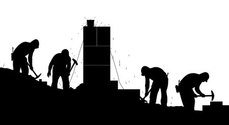 Black Solid Masons Working in Rain Silhouettes Set of Six on White Background isolated on plain white background.のイラスト素材