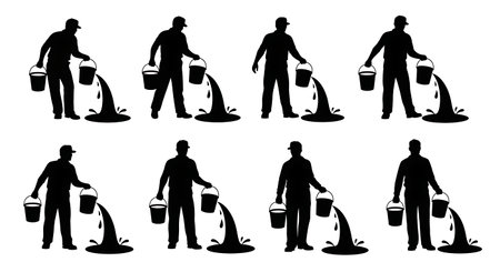 Black Solid Plumber Carrying Bucket Water Silhouettes Set of Six on White Background isolated on plain white background.のイラスト素材