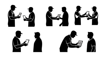 Black Solid Plumber Billing Customer Tablet Silhouettes Set of Six on White Background isolated on plain white background.のイラスト素材