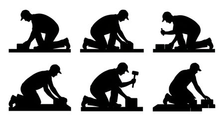 Black Solid Paver Laying Stone Silhouettes Set of Six on White Background isolated on plain white background.のイラスト素材