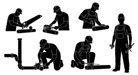 Black Solid Plumber Cutting and Fitting Pipes Silhouettes Set of Six on White Background isolated on plain white background.のイラスト素材