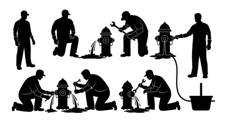 Black Solid Plumber Fire Hydrant Fix Silhouettes Set of Six on White Background isolated on plain white background.のイラスト素材