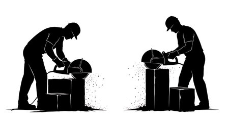 Black Solid Masons Using Power Saw Silhouettes Set of Six on White Background isolated on plain white background.のイラスト素材