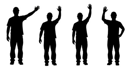 Black Solid Masons Waving Silhouettes Set of Six on White Background isolated on plain white background.のイラスト素材