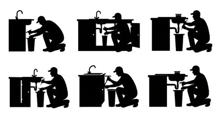 Black Solid Plumber Kitchen Sink Disposal Silhouettes Set of Six on White Background isolated on plain white background.のイラスト素材