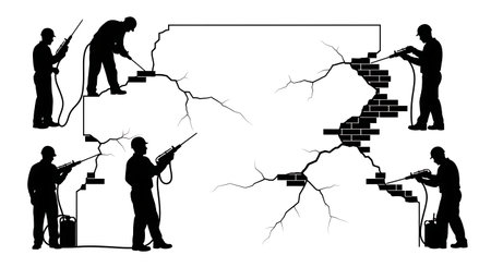 Black Solid Masons Repairing Cracks Silhouettes Set of Six on White Background isolated on plain white background.のイラスト素材