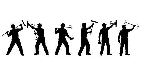 Black Solid Plasterer Smoothing Wall Silhouettes Set of Six on White Background isolated on plain white background.のイラスト素材