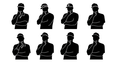 Black Solid Plumber Rubbing Chin Think Silhouettes Set of Six on White Background isolated on plain white background.のイラスト素材