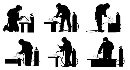 Black Solid Oxy-Fuel Cutting Torch Welder Silhouettes Set of Six on White Background isolated on plain white background.のイラスト素材
