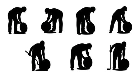 Black Solid Plumber Opening Manhole Cover Silhouettes Set of Six on White Background isolated on plain white background.のイラスト素材