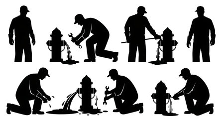 Black Solid Plumber Fire Hydrant Fix Silhouettes Set of Six on White Background isolated on plain white background.のイラスト素材