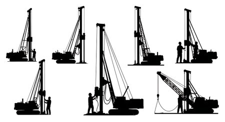 Black Solid Piling Rig Foundation Silhouettes Set of Six on White Background isolated on plain white background.のイラスト素材