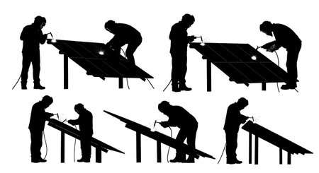 Black Solid Solar Panel Frame Welder Silhouettes Set of Six on White Background isolated on plain white background.のイラスト素材
