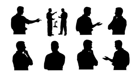 Black Solid Plumber Consulting Homeowner Silhouettes Set of Six on White Background isolated on plain white background.のイラスト素材