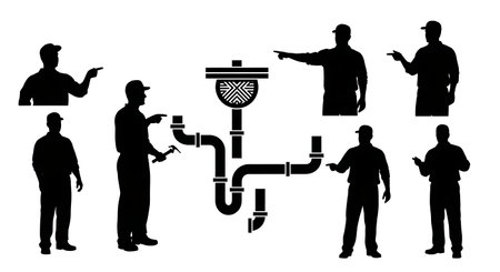 Black Solid Plumber Pointing Drain Diagram Silhouettes Set of Six on White Background isolated on plain white background.のイラスト素材