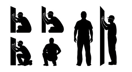 Black Solid Plumber Looking Wall Scan Silhouettes Set of Six on White Background isolated on plain white background.のイラスト素材
