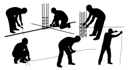 Black Solid Masons Tying Rebar Silhouettes Set of Six on White Background isolated on plain white background.のイラスト素材