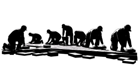 Black Solid Masons Installing Pavers Silhouettes Set of Six on White Background isolated on plain white background.のイラスト素材