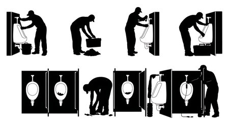 Black Solid Plumber Fixing Commercial Urinal Silhouettes Set of Six on White Background isolated on plain white background.のイラスト素材