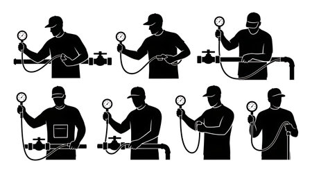 Black Solid Plumber Testing Water Pressure Silhouettes Set of Six on White Background isolated on plain white background.のイラスト素材