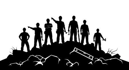 Black Solid Masons on Rubble Silhouettes Set of Six on White Background isolated on plain white background.のイラスト素材