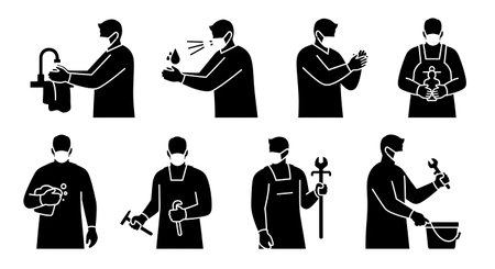 Black Solid Plumber Mask Safety Hygiene Silhouettes Set of Six on White Background isolated on plain white background.のイラスト素材