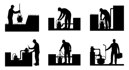 Black Solid Plumber Sump Pump Install Silhouettes Set of Six on White Background isolated on plain white background.のイラスト素材