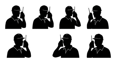 Black Solid Plumber Walkie Talkie Talk Silhouettes Set of Six on White Background isolated on plain white background.のイラスト素材