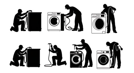 Black Solid Plumber Washing Machine Hookup Silhouettes Set of Six on White Background isolated on plain white background.のイラスト素材