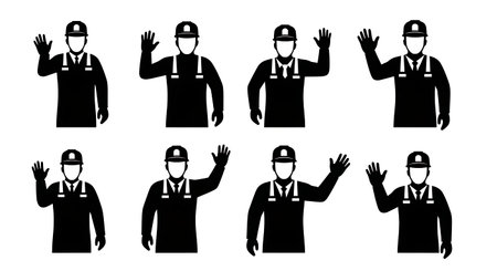 Black Solid Plumber Waving Hello Greeting Silhouettes Set of Six on White Background isolated on plain white background.のイラスト素材