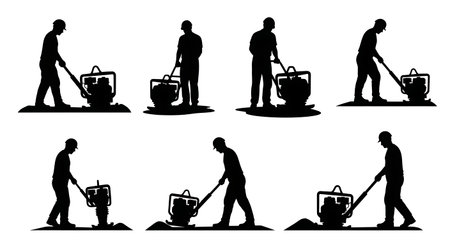 Black Solid Plate Compactor Handheld Silhouettes Set of Six on White Background isolated on plain white background.のイラスト素材