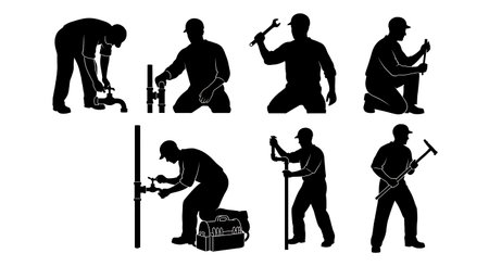 Black Solid Plumber Removing Old Faucet Silhouettes Set of Six on White Background isolated on plain white background.のイラスト素材