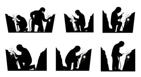 Black Solid Pipeline Welder Trench Work Silhouettes Set of Six on White Background isolated on plain white background.のイラスト素材