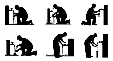 Black Solid Plumber Garden Outdoor Repair Silhouettes Set of Six on White Background isolated on plain white background.のイラスト素材
