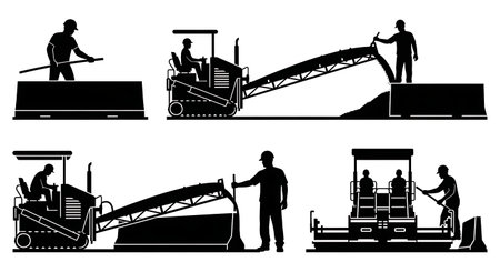 Black Solid Slipform Paver Barrier Silhouettes Set of Six on White Background isolated on plain white background.のイラスト素材