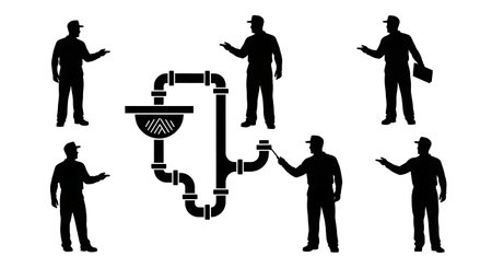 Black Solid Plumber Pointing Drain Diagram Silhouettes Set of Six on White Background isolated on plain white background.のイラスト素材